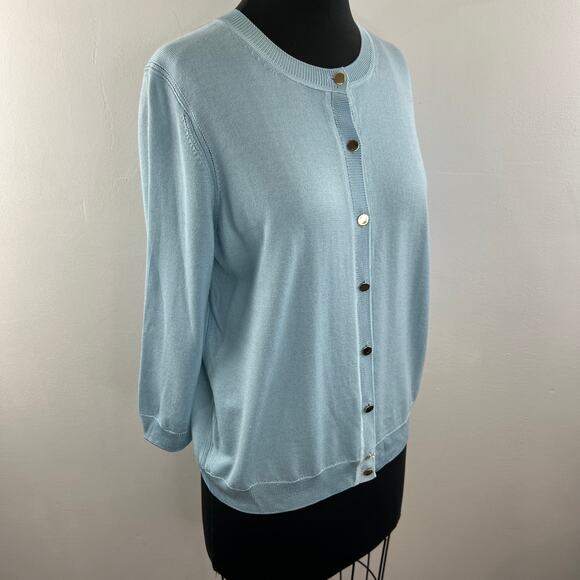 ST. JOHN Blue Cardigan Sweater Wool Button Front Ribbed Crew Neck Knit Sz Medium - Picture 4 of 9